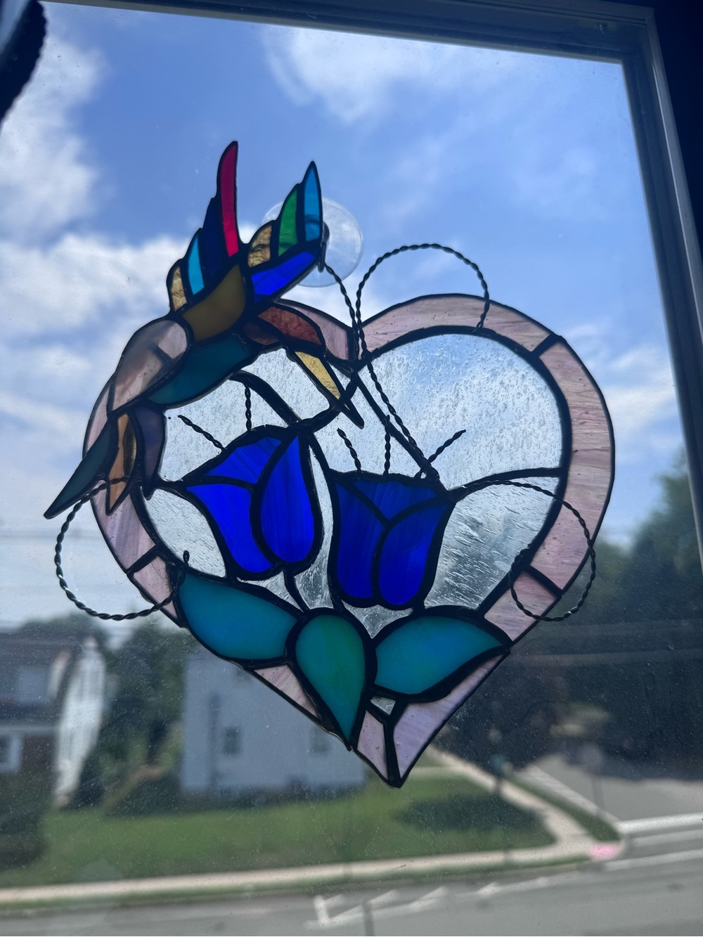 Stained Glass Heart Suncatcher with Hummingbird and Blue roses